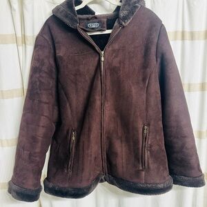 BGSD Women Brown Thick Y2K Mob Wife Faux Fur Coat w/Hood & Soft Suede Texture XL